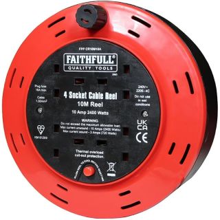 Faithfull 10m Cable Reel 10A, 4 Sockets